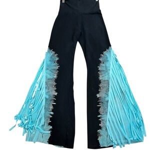 T-Party USA Black and Blue Tie Dye Fringe Flare Cotton Spandex Yoga Pants NWT